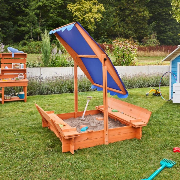 Home Deluxe - Sandkasten BUDDELKISTE - Mit verstellbarem Dach und Bodenplane - Maße: 110 x 110 x 110 cm - inkl. komplettem Montagematerial I Sandspielkasten Holzsandkasten Sandspielzeug