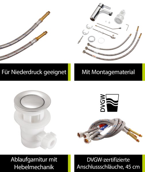 Aquasu Niederdruck Waschtischarmatur Tius, inklusive Excentergarnitur, langlebige Keramikkartusche, für Anschluss an Boiler oder Warmwasserbereiter, Standard-Montage, Messingkern, verchromt, 796101