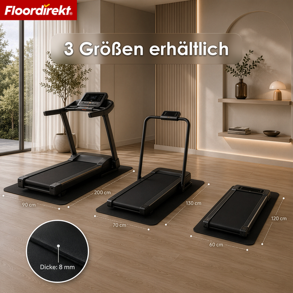 Floordirekt Logo. Drei schwarze Bodenschutzmatten für Fitnessgeräte in drei Größen unter Laufbändern in einem hellen Raum. Dicke 8 Millimeter.