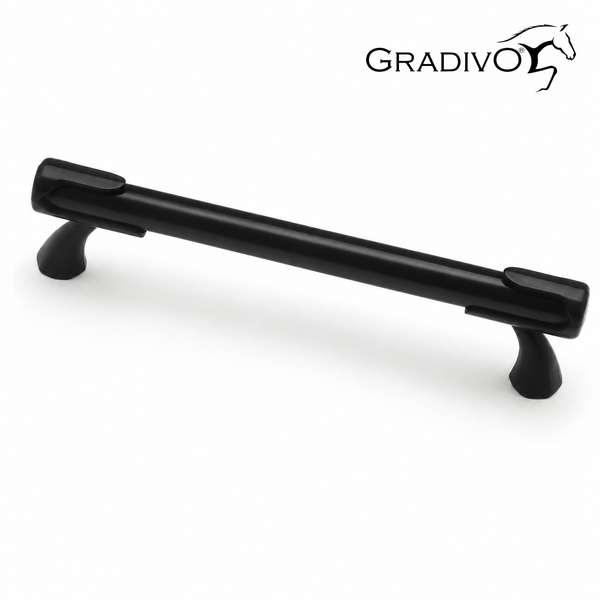 Möbelgriff Gradivo, stabförmig, schwarz. Gradivo Logo.