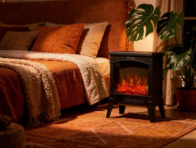 Schlafzimmer mit Bett, Zimmerpflanze und elektrischem Kaminofen von Purline