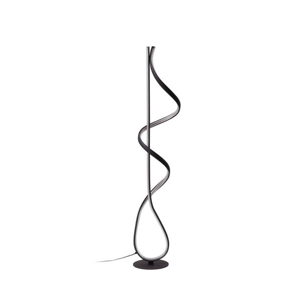 Moderne LED-Stehleuchte in Schwarz mit geschwungenem Lichtelement und rundem Standfuß.
