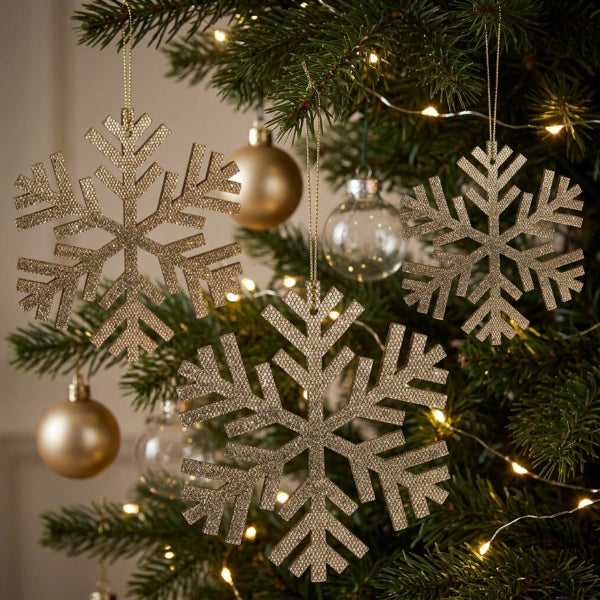 Drei hängende Schneeflocken Anhänger für den Weihnachtsbaum mit strukturierter Oberfläche und Glitzeroptik