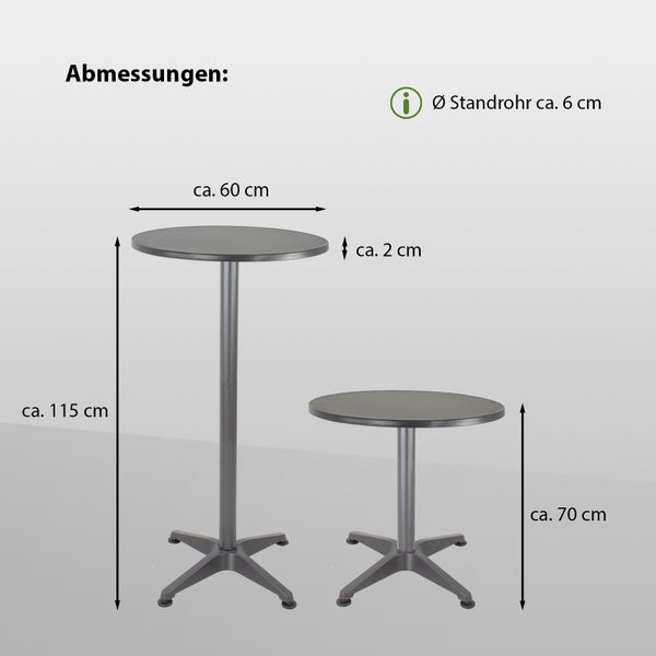 Maßzeichnung für Stehtisch und Beistelltisch mit runder Tischplatte, Durchmesser 60 Zentimeter, Gesamthöhen 115 Zentimeter und 70 Zentimeter.