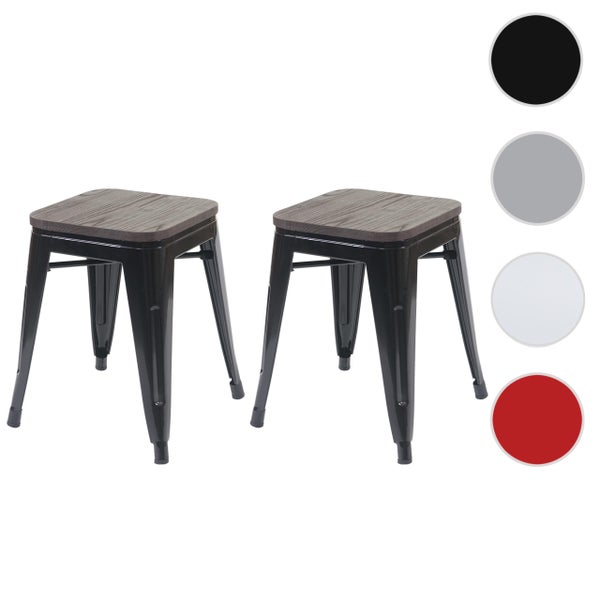 Zwei Hocker mit Holzplatte und Metallbeinen