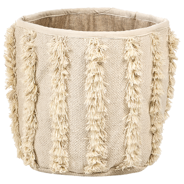 Textilkorb mit vertikalen Fransenreihen und Innenfutter aus Jute.
