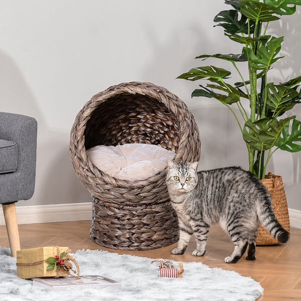 PawHut Rattan Katzenkorb, 42 x 33 x 52 cm, Wasserhyazinthe, Dunkelbraun