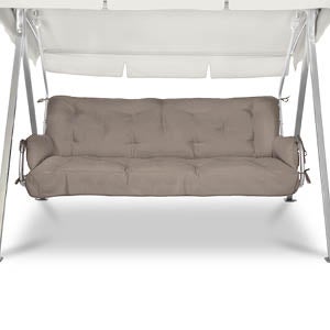 Beige Hollywoodschaukel mit Polsterung und weißem Sonnendach.