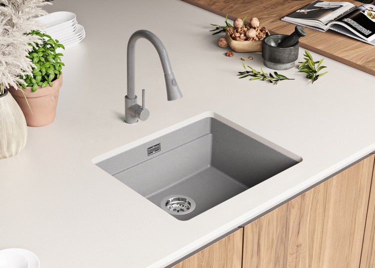 PRIMAGRAN Unterbauspüle Granit Grau 56x47cm, Spülbecken 1 Becken + Ablauf-Set + Aufrollbare Abtropffläche, Granitspüle ab 60er Unterschrank - Praga