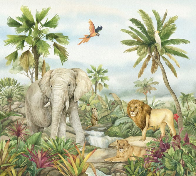 Illustration von Elefant, Löwen und anderen Dschungeltieren unter Palmen