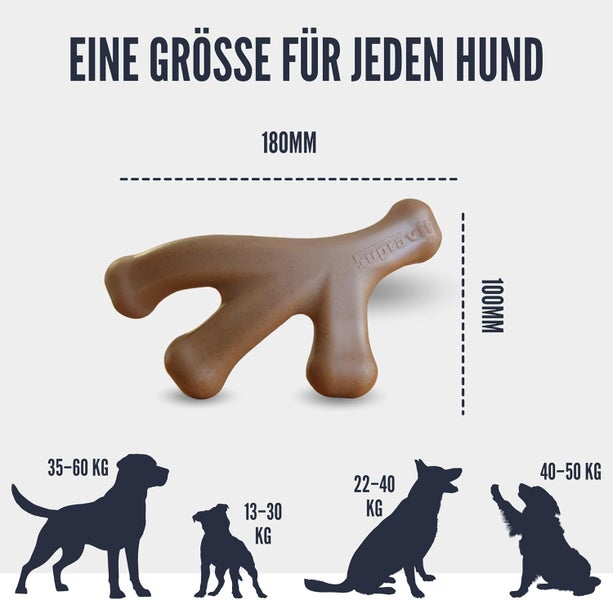 Supravit Hundespielzeug mit Größenangaben für verschiedene Hunderassen