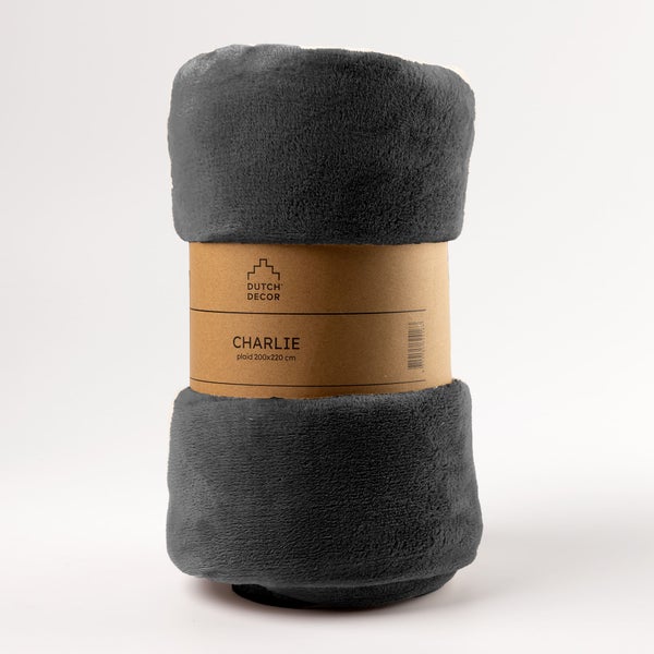 Aufgerollte graue Kuscheldecke mit Papierbanderole