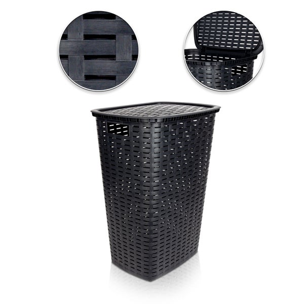 BigDean Wäschesammler 55L mit Deckel und 2 Griffen Wäschekorb Wäschebox in Flecht Rattan Optik - anthrazit - Wäschetruhe Wäschekorb Wäscheaufbewahrung im Rattan Look