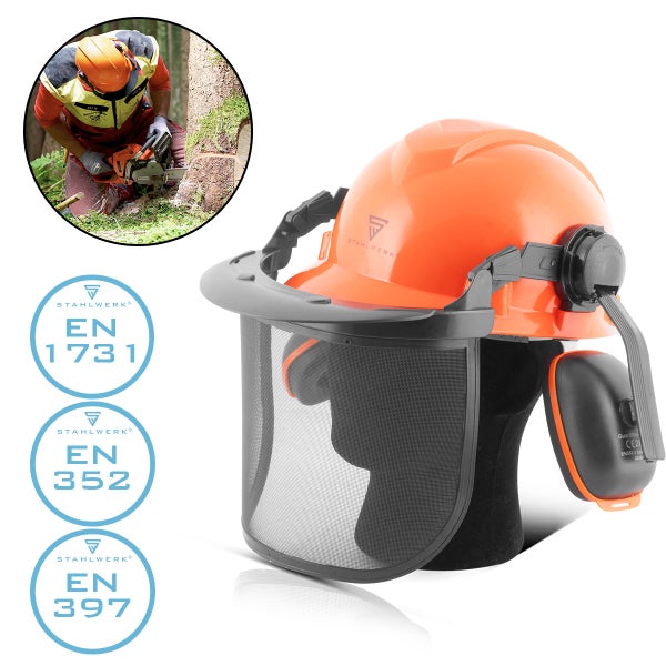 Stahlwerk Forsthelm mit Visier und Gehörschutz. Erfüllt Sicherheitsnormen für Kopf-, Gesichts- und Gehörschutz. Inset zeigt Waldarbeit mit Kettensäge.
