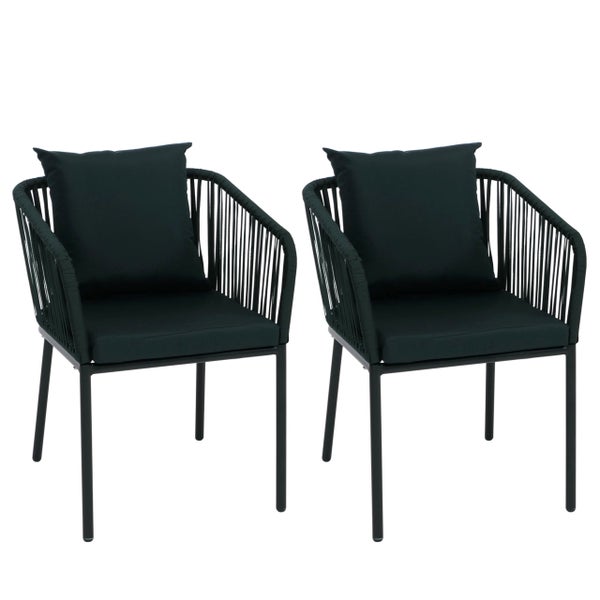 Set aus zwei Gartenstühlen mit Seilgeflecht, Sitzkissen und Rückenkissen auf Metallgestell.