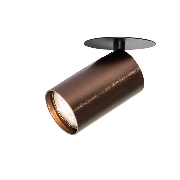Verstellbarer zylindrischer Deckenstrahler aus Metall in Bronzeoptik mit schwarzer runder Basis.