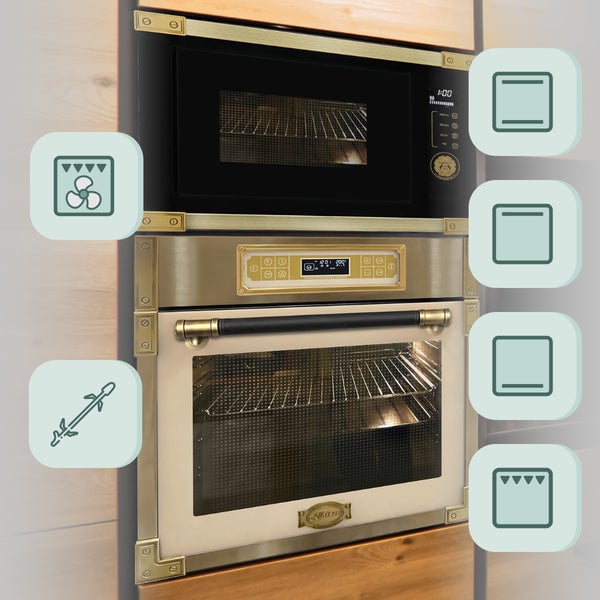 Einbau Backofen und Mikrowelle Kombination im rustikalen Design mit digitalen Bedienfeldern und verschiedenen Heizfunktionssymbolen.