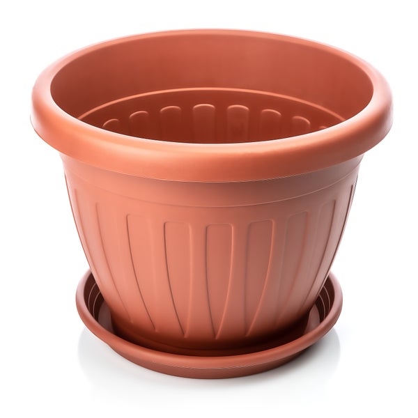 BigDean 3x Blumentopf mit Untersetzer rund ø33xH25 cm terracotta - wetterfester Pflanzkübel - Wasserablauf UV-beständig aus bruchsicherem Kunststoff - Innen + Außen geeignet - Made in Europe