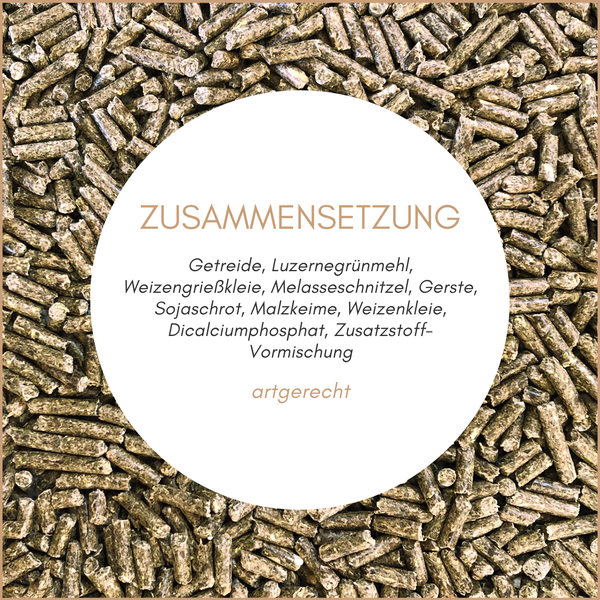 Zusammensetzung von Tierfutterpellets mit Getreide, Luzernegrünmehl, Weizengrießkleie, Melasseschnitzel, Gerste, Sojaschrot, Malzkeimen, Weizenkleie, Dicalciumphosphat und Zusatzstoffvormischung.