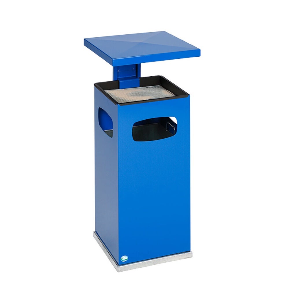 Abfallsammler & Ascher mit verstärktem Schutzdach | 38 Liter, HxBxT 91x39, 5x39,5cm | Verzinkter Stahl | Blau Abfallsammler & Ascher mit verstärktem Schutzdach | 38 Liter, HxBxT 91x39, 5x39,5cm | Verzinkter Stahl | Blau