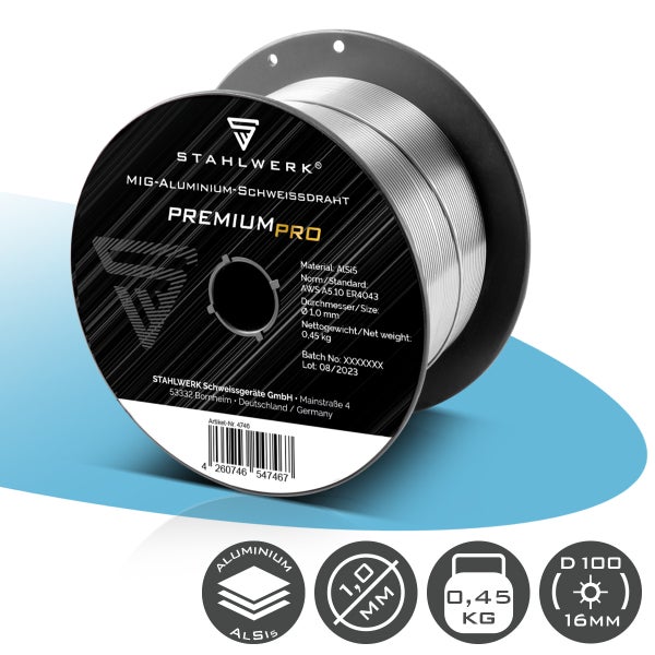 Stahlwerk MIG-Aluminium-Schweißdraht AlSi5, 1,0 Millimeter Durchmesser, 0,45 Kilogramm auf D100-Spule.