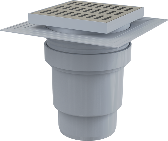 Bodenablauf aus Kunststoff mit quadratischem Rost aus Edelstahl.