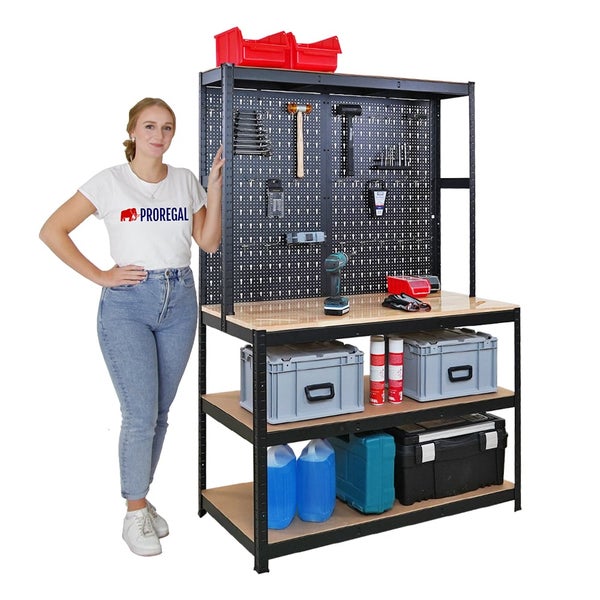 PROREGAL Profi Werkbank GIANT BEAST Mit Lochwand HxBxT 180x120x60cm Fachlast 175kg inkl. Werkzeughalter Set Schwarz