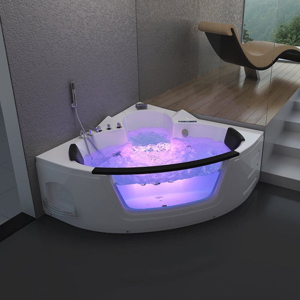 Eckwhirlpool mit integriertem Sichtfenster und LED Beleuchtung in modernem Badezimmerambiente.