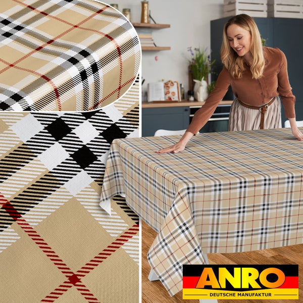 Abwaschbare Tischdecke von ANRO mit Karomuster auf einem Tisch in einer Küche, Detailansichten der Gewebestruktur und ANRO Logo.