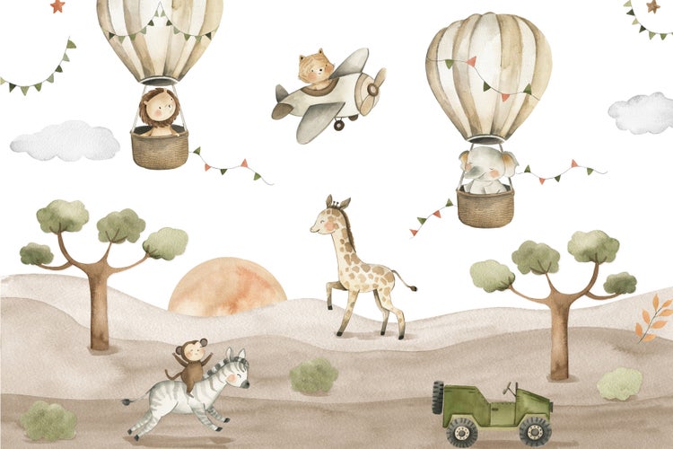 Illustration einer Safari-Szene mit Tieren, Heißluftballons und einem Geländewagen