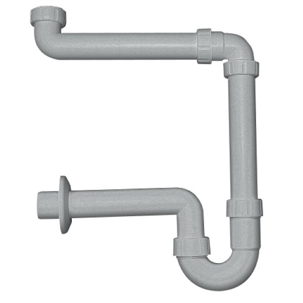 Raumsparsiphon aus Kunststoff für Spültische, platzsparende Rohrführung mit Geruchsverschluss und Wandanschluss.