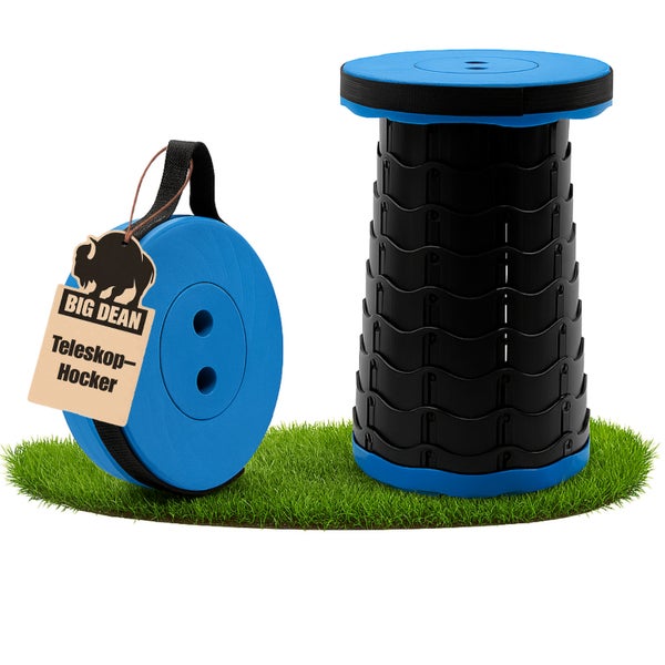 Teleskophocker von Big Dean, zusammengeklappt und auseinandergezogen auf Rasen