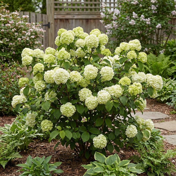 Blühender Schneeball Viburnum mit weißen Blütenkugeln und grünen Blättern im Gartenbeet.