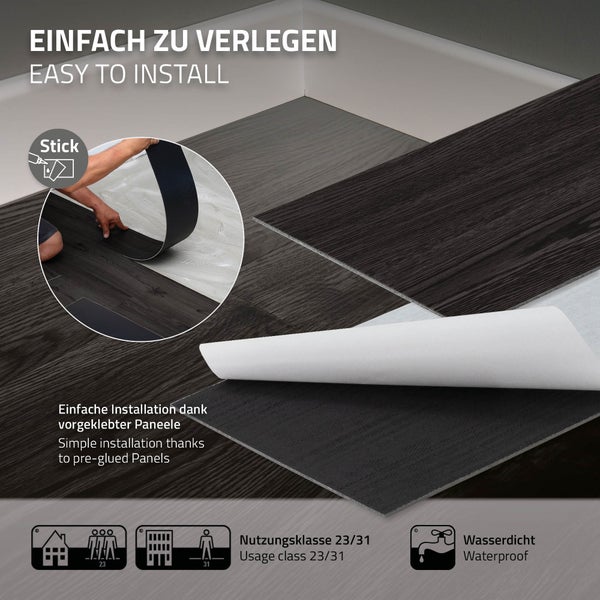 ML-Design Deluxe PVC Bodenbelag, Selbstklebende Vinyl-Dielen, Vinylboden, 91,5 cm x 15,3 cm x 2 mm, Dicke 2mm, 4,46m²/32 Dielen, Eiche Dunkelgrau, Holzoptik, rutschfest, wasserfest, Einfache Verlegung