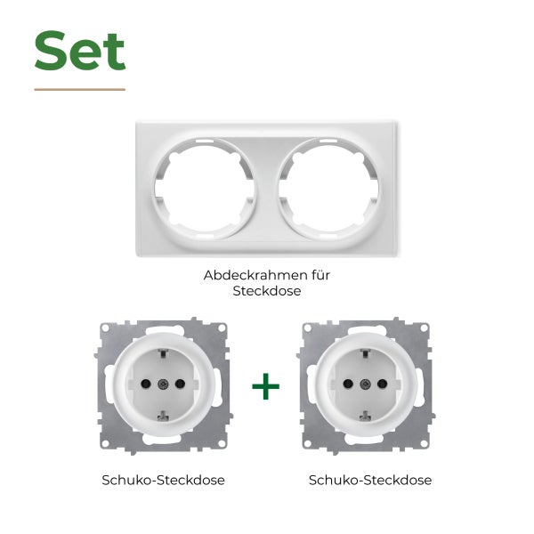 Set bestehend aus einem zweifachen Abdeckrahmen und zwei Schuko Steckdosen Einsätzen für Unterputzmontage.