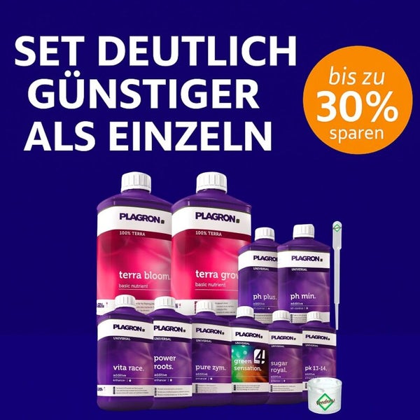 Plagron Dünger Set mit Terra Bloom, Terra Grow, Ph Plus, Ph Min, Vita Race, Power Roots, Pure Zym, Green Sensation, Sugar Royal und PK 13-14