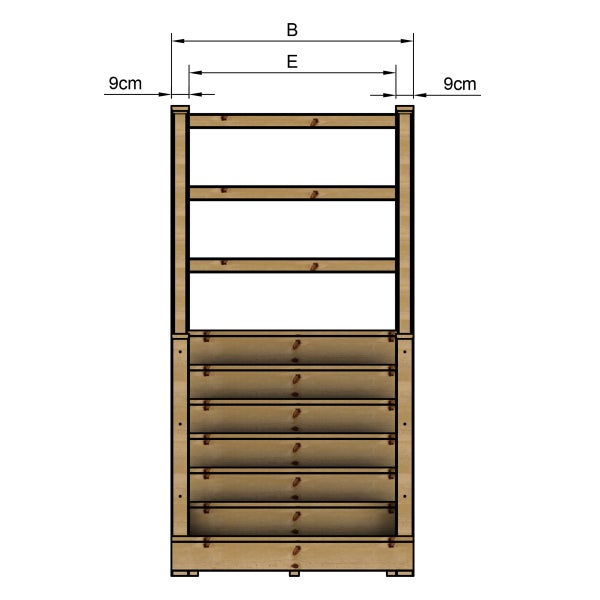Technische Zeichnung eines Holzregals mit Maßangaben