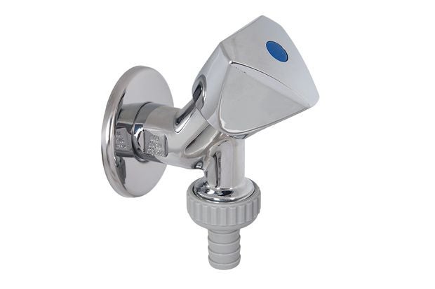 Auslaufventil verchromt mit Dreikantgriff und Schlauchverschraubung.