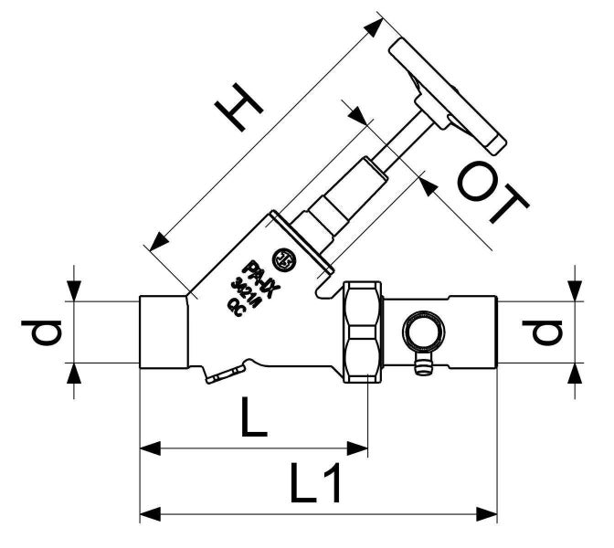 Technische Zeichnung eines Schrägsitzventils mit Maßangaben H, L, L1, OT und d.