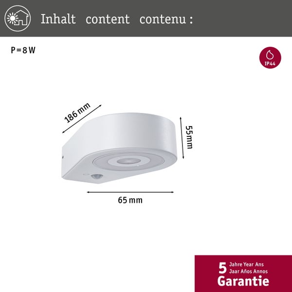 Wandleuchte mit Bewegungsmelder, 8 Watt, Schutzart IP44, Maße 186 mal 55 mal 65 Millimeter, 5 Jahre Garantie, für den Außenbereich geeignet.
