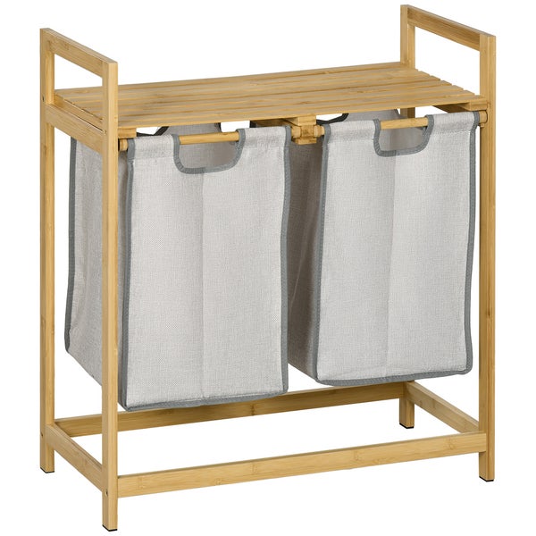 HOMCOM Bambus Wäschekorb 2 Fächer 81,2 L Wäschesammler mit 2 abnehmbaren Wäschesacke, Griff, Plattform, Laundry Baskets Wäschebox, für Waschküche Schlafzimmer Badezimmer Natur