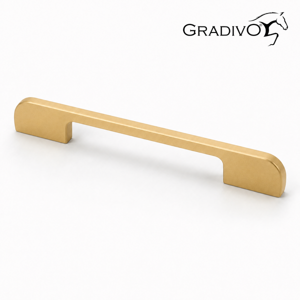 Moderner Möbelgriff aus Metall in Mattgold mit Gradivo Logo.