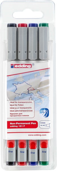 Set mit vier wasserlöslichen Folienstiften Edding 151 F mit einer Strichbreite von 0,6 Millimeter in der Kunststoffverpackung.