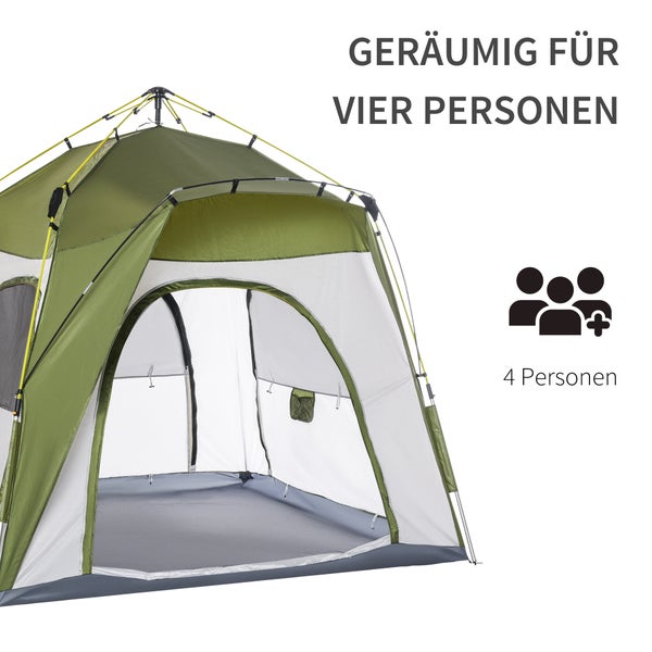 Outsunny Campingzelt, 4 Personen Zelt,   240 x 240 x 199 cm, Aluminiumlegierung,Glasfaser, Grün+Grau