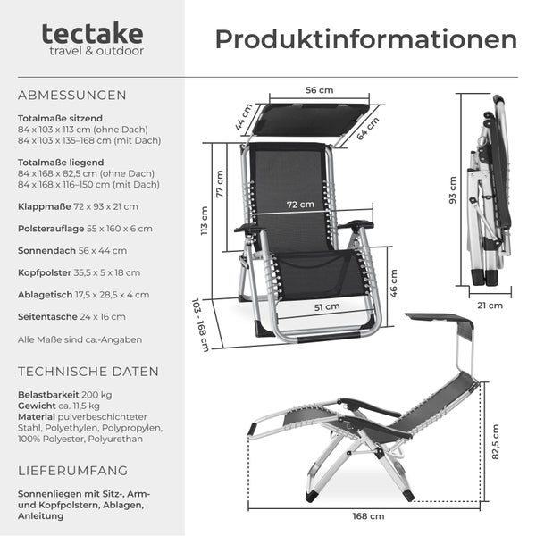Produktinformationen zur Tectake Sonnenliege mit Abmessungen und technischen Daten