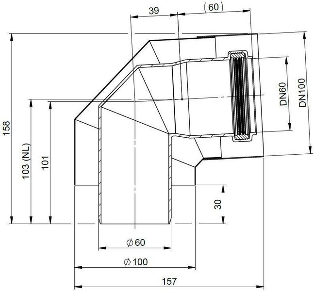 Technische Zeichnung eines 90 Grad konzentrischen Rohrbogens mit Maßen in Millimetern. Durchmesser DN 60 und DN 100 sind angegeben.
