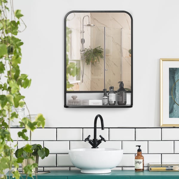 HOMCOM Wandspiegel 70 x 50cm Hängespiegel Moderne Wohnzimmerspiegel Rechteckige Dekospiegel mit Ablage für Eingangsbereich Schlafzimmer Elegant Metall Schwarz
