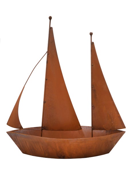Dekorative Segelboot Skulptur aus Metall mit Edelrost Patina für Garten und Wohnbereich