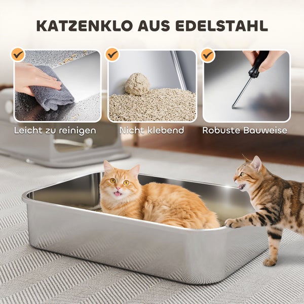 Katzenklo aus Edelstahl mit zwei Katzen. Detailaufnahmen zeigen die einfache Reinigung, die Anti-Haft-Eigenschaft und die robuste Bauweise.