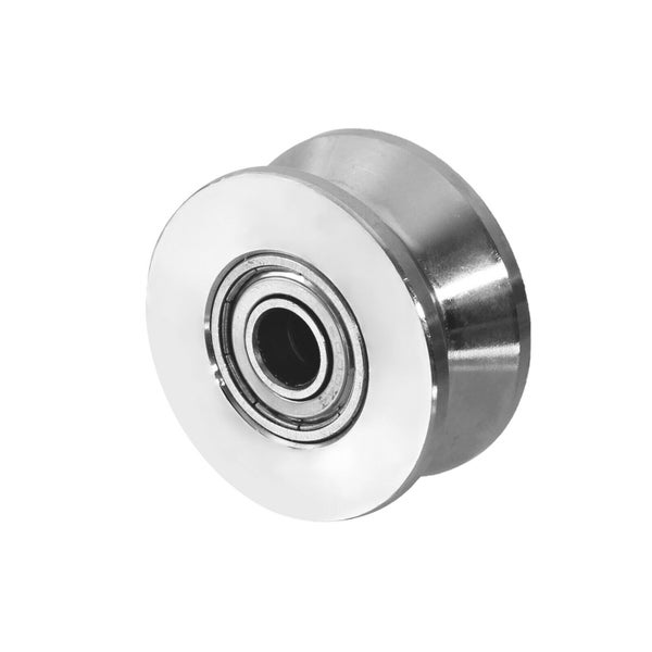 Eine metallische V-Nut Laufrolle mit integriertem Kugellager für Schiebetore oder Führungsschienen.